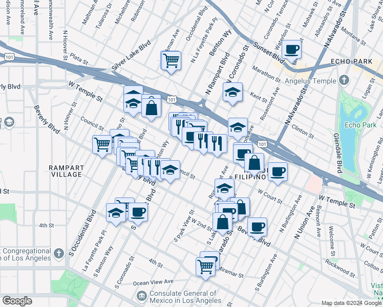 map of restaurants, bars, coffee shops, grocery stores, and more near 246 North Coronado Street in Los Angeles