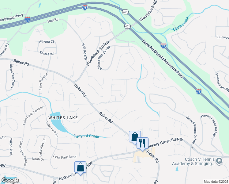 map of restaurants, bars, coffee shops, grocery stores, and more near 2820 Baker Drive in Acworth