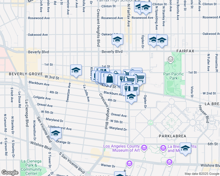 map of restaurants, bars, coffee shops, grocery stores, and more near 7957 Blackburn Avenue in Los Angeles