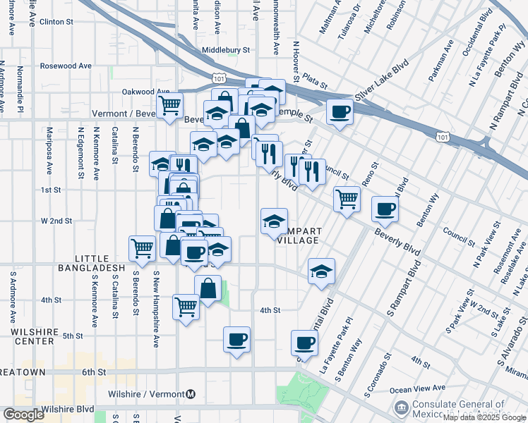 map of restaurants, bars, coffee shops, grocery stores, and more near 160 South Virgil Avenue in Los Angeles
