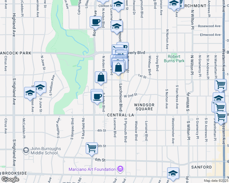 map of restaurants, bars, coffee shops, grocery stores, and more near 200 South Lucerne Boulevard in Los Angeles