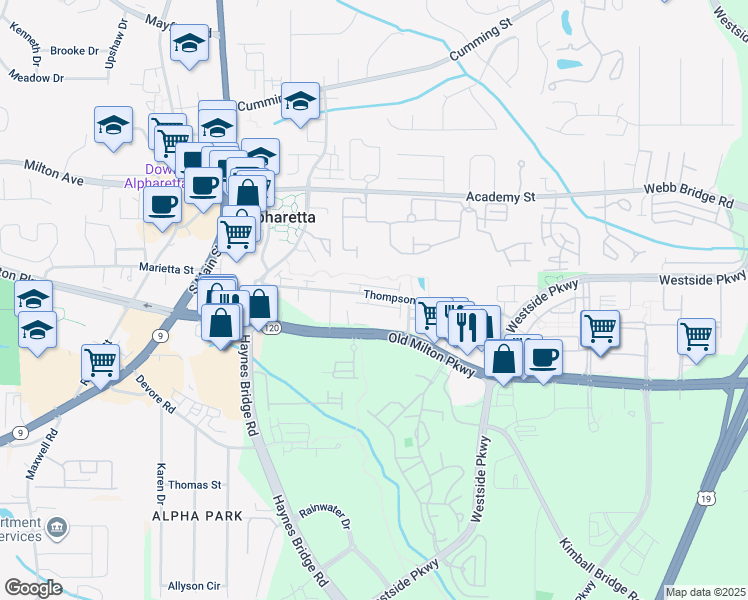 map of restaurants, bars, coffee shops, grocery stores, and more near 2440 Old Milton Parkway in Alpharetta