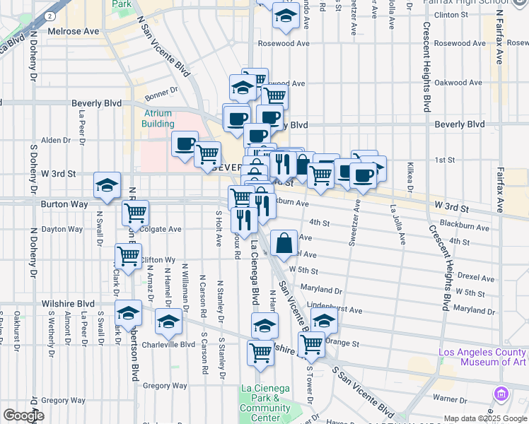 map of restaurants, bars, coffee shops, grocery stores, and more near 426 South San Vicente Boulevard in Los Angeles
