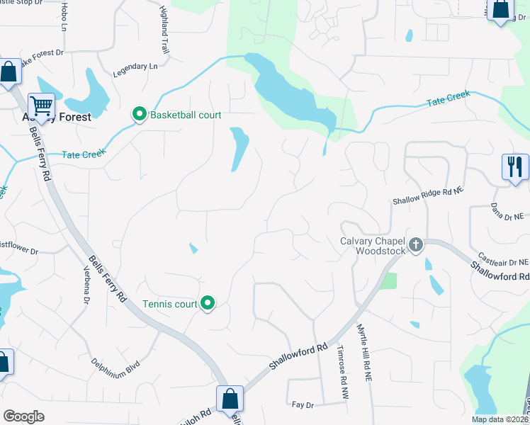 map of restaurants, bars, coffee shops, grocery stores, and more near 4809 Thornwood Drive Northwest in Acworth