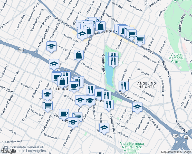 map of restaurants, bars, coffee shops, grocery stores, and more near 510 North Burlington Avenue in Los Angeles