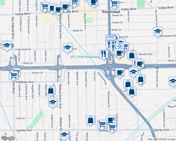 map of restaurants, bars, coffee shops, grocery stores, and more near 8802 Ramona Boulevard in Rosemead