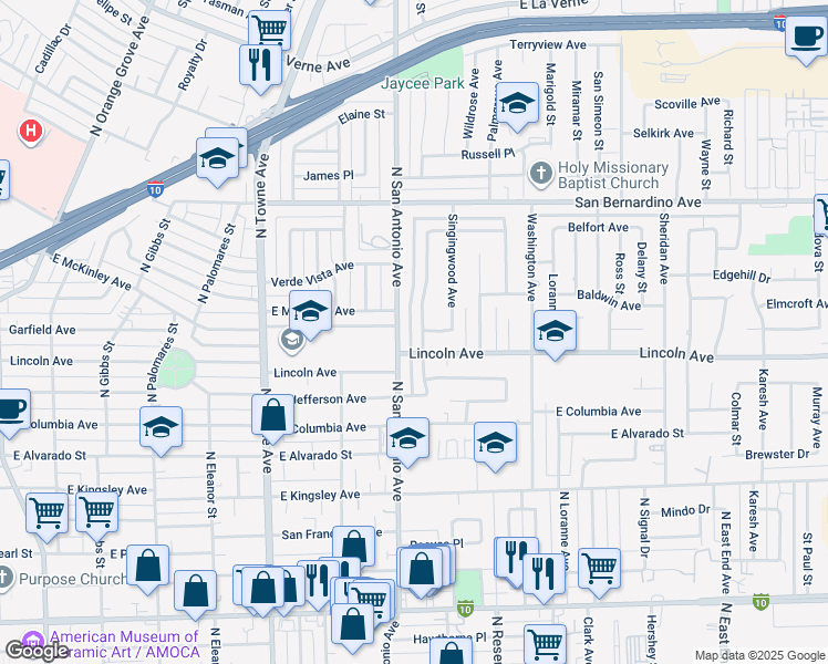 map of restaurants, bars, coffee shops, grocery stores, and more near 1257 Claremont Place in Pomona
