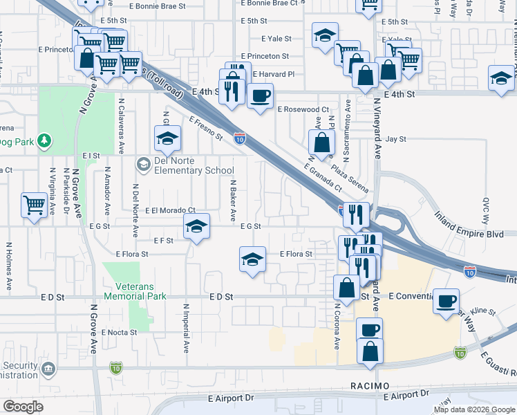 map of restaurants, bars, coffee shops, grocery stores, and more near 1639 East G Street in Ontario