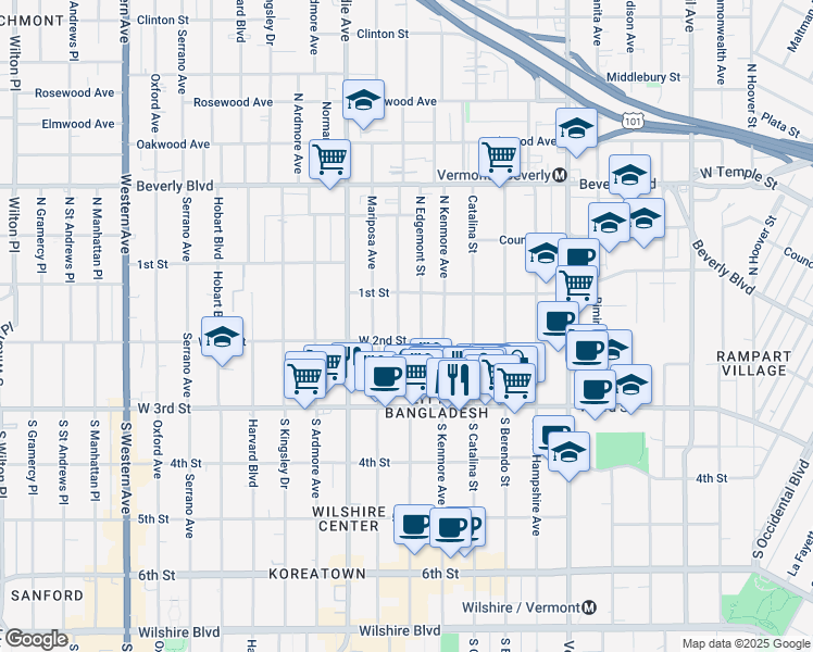 map of restaurants, bars, coffee shops, grocery stores, and more near 3750 West 2nd Street in Los Angeles