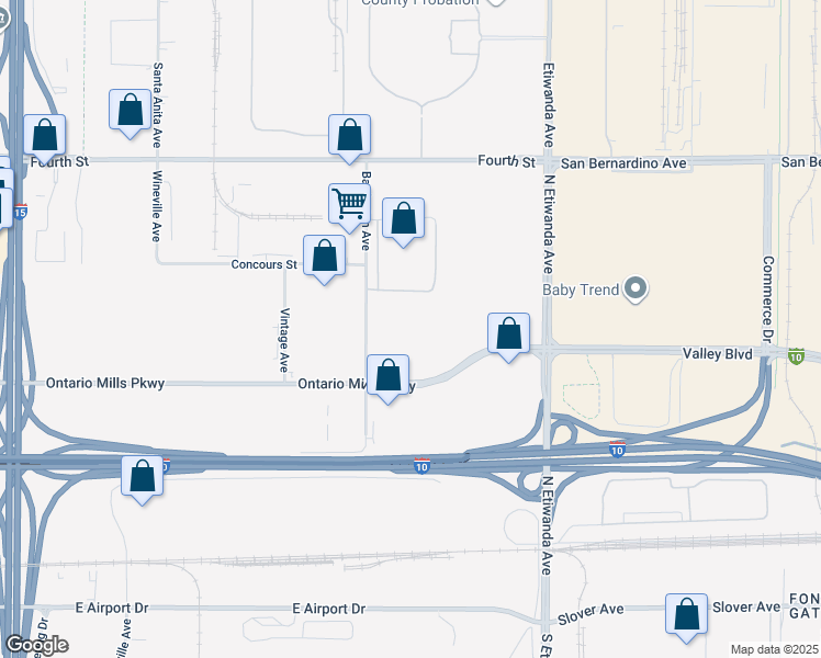 map of restaurants, bars, coffee shops, grocery stores, and more near 800 Barrington Avenue in Ontario