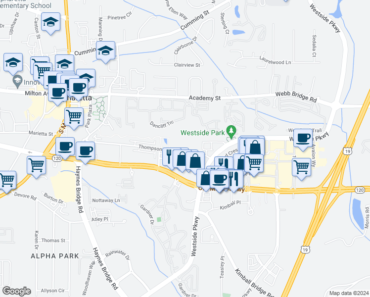 map of restaurants, bars, coffee shops, grocery stores, and more near 276 Thompson Street in Alpharetta