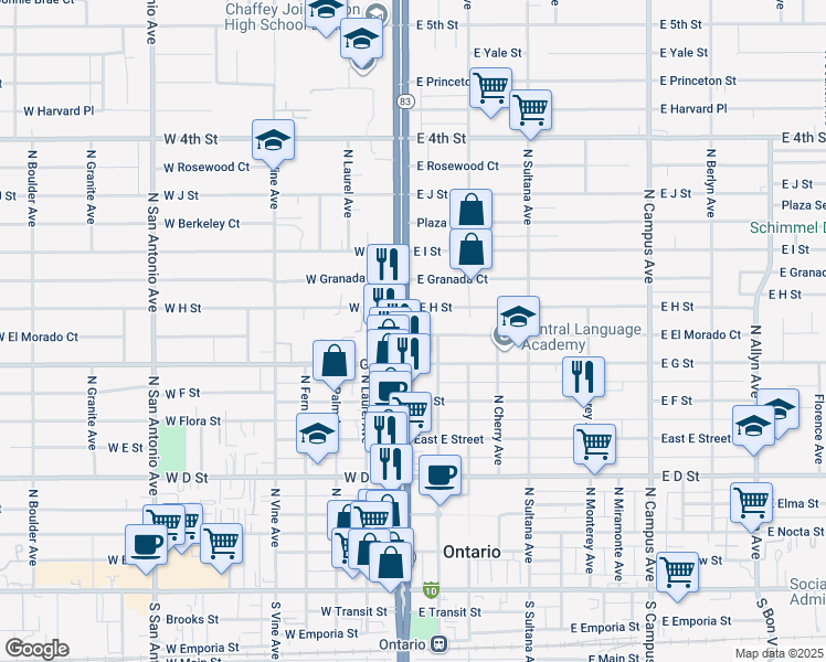 map of restaurants, bars, coffee shops, grocery stores, and more near in Ontario