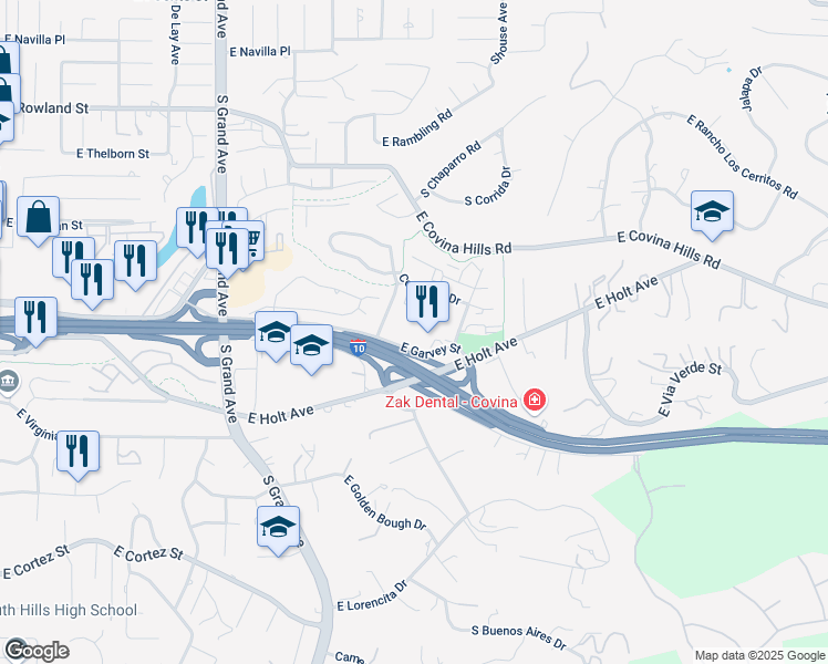 map of restaurants, bars, coffee shops, grocery stores, and more near 1211 East Garvey Street in Covina