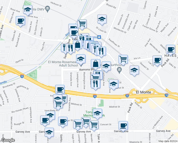 map of restaurants, bars, coffee shops, grocery stores, and more near 3420 Washington Avenue in El Monte