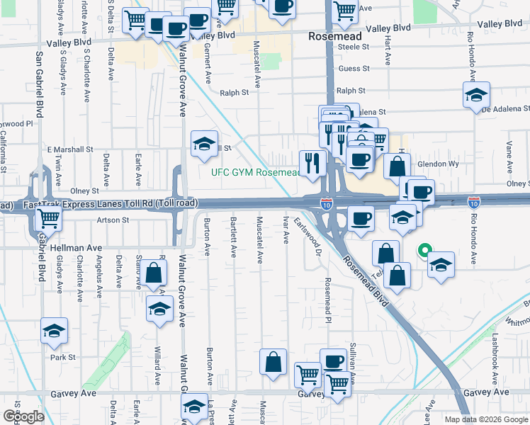 map of restaurants, bars, coffee shops, grocery stores, and more near 3442 Muscatel Avenue in Rosemead