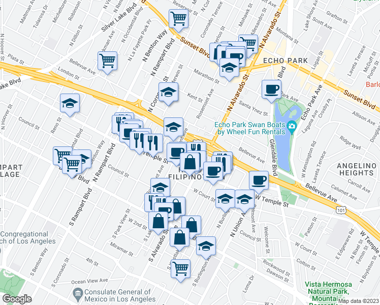 map of restaurants, bars, coffee shops, grocery stores, and more near 236 North Lake Street in Los Angeles