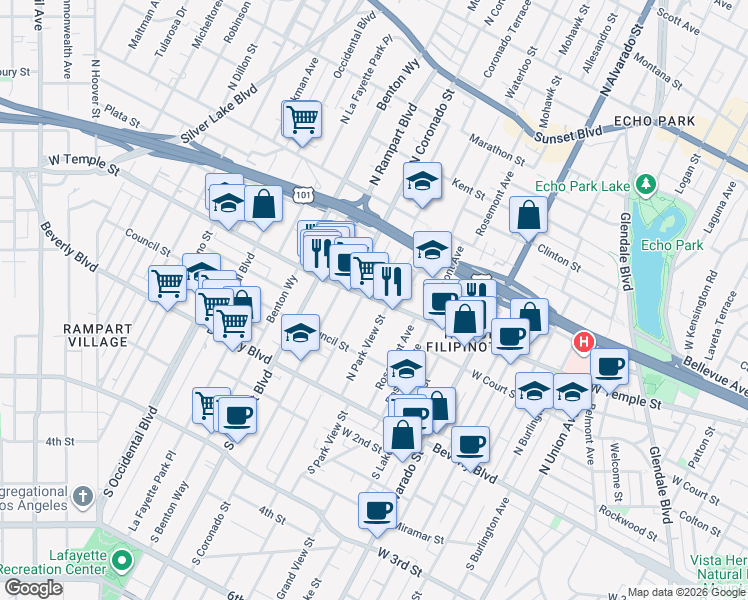 map of restaurants, bars, coffee shops, grocery stores, and more near in Los Angeles