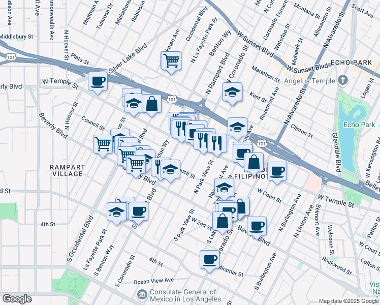 map of restaurants, bars, coffee shops, grocery stores, and more near 234 1/2 North Carondelet Street in Los Angeles