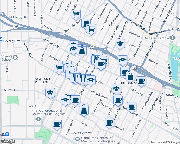 map of restaurants, bars, coffee shops, grocery stores, and more near 152 North Benton Way in Los Angeles