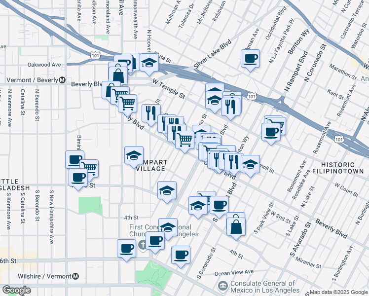 map of restaurants, bars, coffee shops, grocery stores, and more near 2918 Beverly Boulevard in Los Angeles