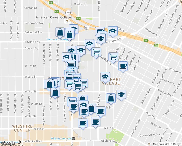 map of restaurants, bars, coffee shops, grocery stores, and more near 204 South Juanita Avenue in Los Angeles