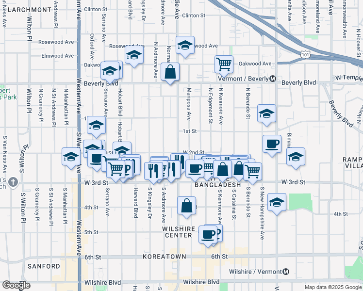 map of restaurants, bars, coffee shops, grocery stores, and more near 201 Normandie Avenue in Los Angeles