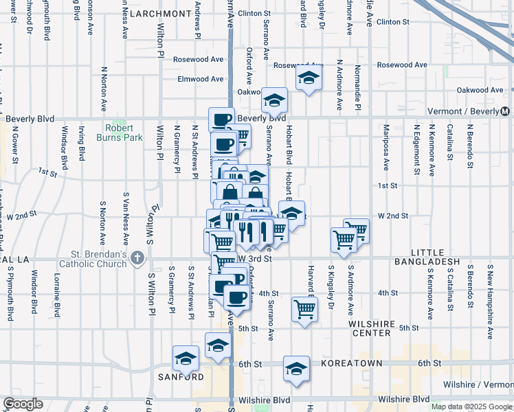 map of restaurants, bars, coffee shops, grocery stores, and more near 201 South Oxford Avenue in Los Angeles