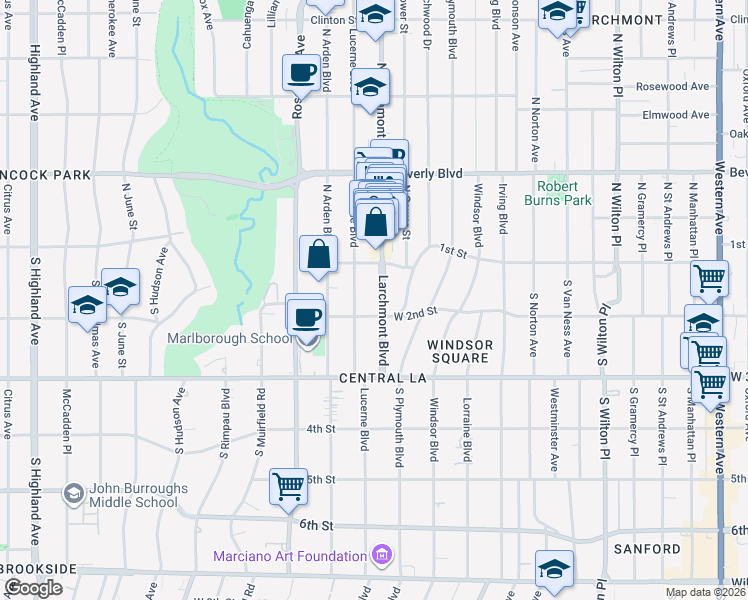 map of restaurants, bars, coffee shops, grocery stores, and more near 200 South Lucerne Boulevard in Los Angeles