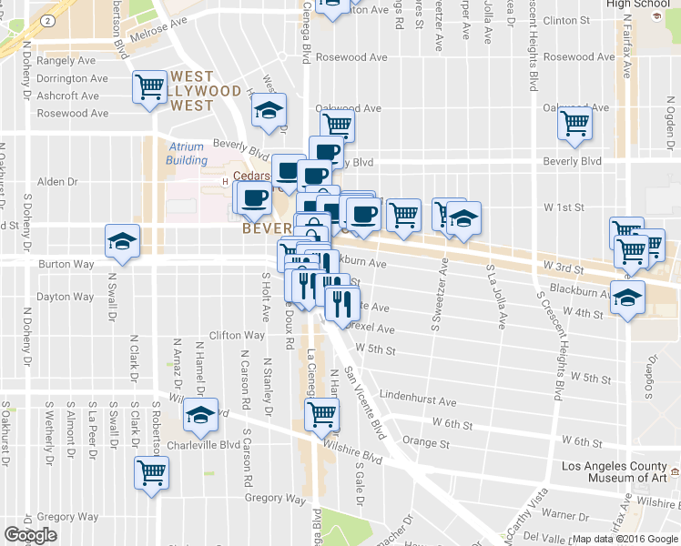 map of restaurants, bars, coffee shops, grocery stores, and more near 426 South San Vicente Boulevard in Los Angeles
