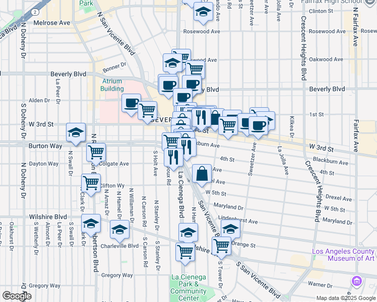 map of restaurants, bars, coffee shops, grocery stores, and more near 426 South San Vicente Boulevard in Los Angeles