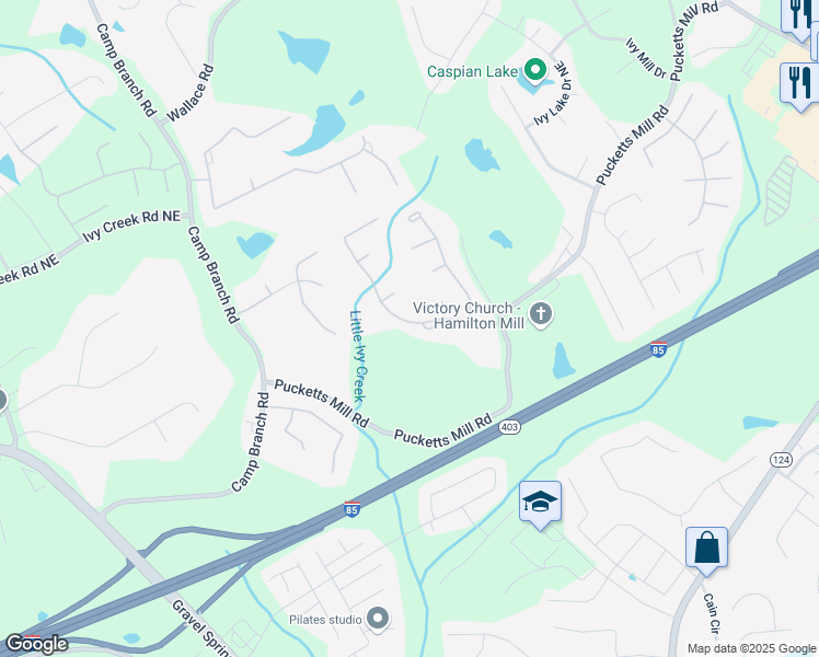 map of restaurants, bars, coffee shops, grocery stores, and more near 2875 Ivy Brook Lane Northeast in Buford