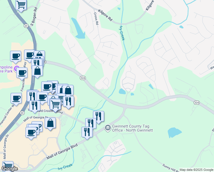 map of restaurants, bars, coffee shops, grocery stores, and more near 3152 Mill Springs Circle Northeast in Buford