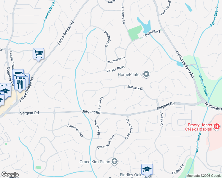 map of restaurants, bars, coffee shops, grocery stores, and more near 5745 Millwick Drive in Alpharetta