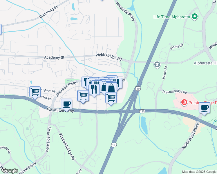 map of restaurants, bars, coffee shops, grocery stores, and more near 7115 Avalon Boulevard in Alpharetta