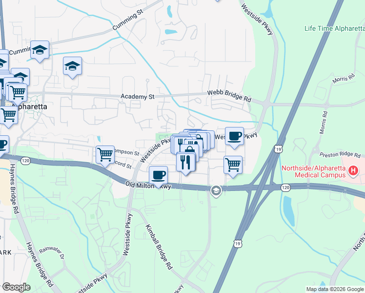 map of restaurants, bars, coffee shops, grocery stores, and more near 2150 Avalon Boulevard in Alpharetta