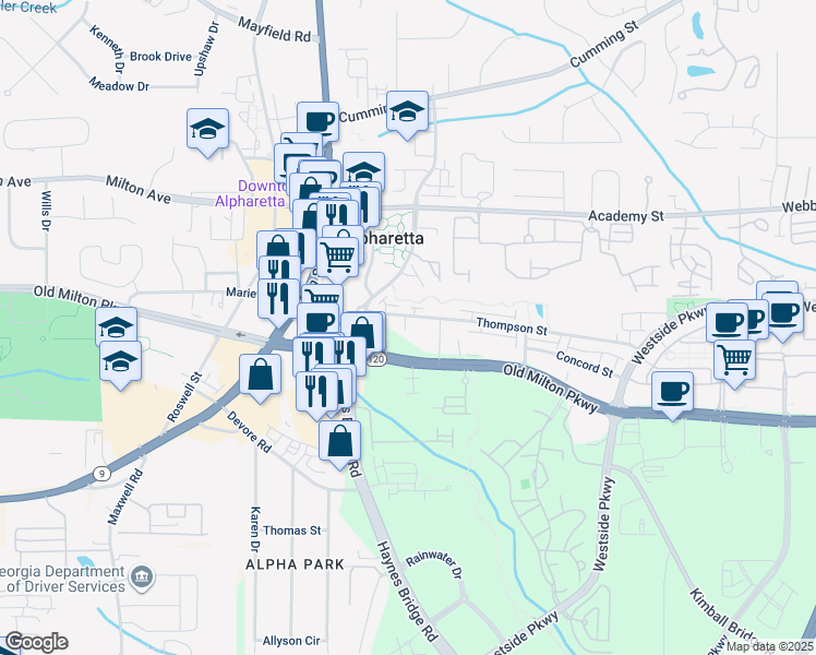 map of restaurants, bars, coffee shops, grocery stores, and more near 2300 Old Milton Parkway in Alpharetta
