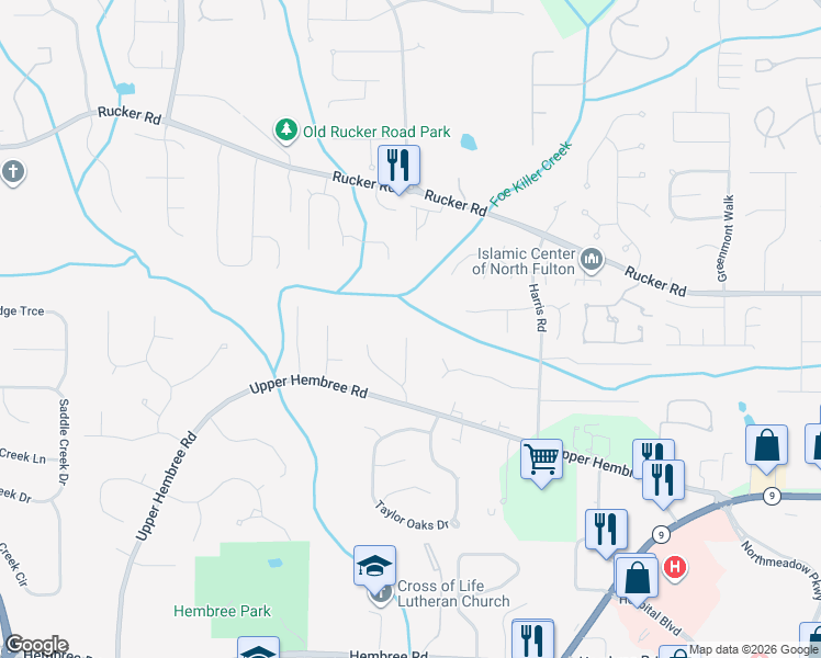 map of restaurants, bars, coffee shops, grocery stores, and more near 205 Foe Creek Court in Roswell
