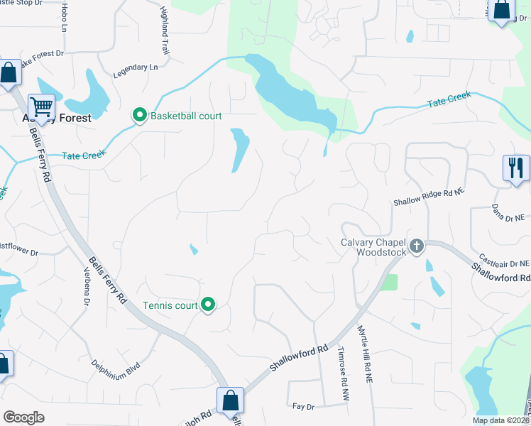 map of restaurants, bars, coffee shops, grocery stores, and more near 4809 Thornwood Drive Northwest in Acworth