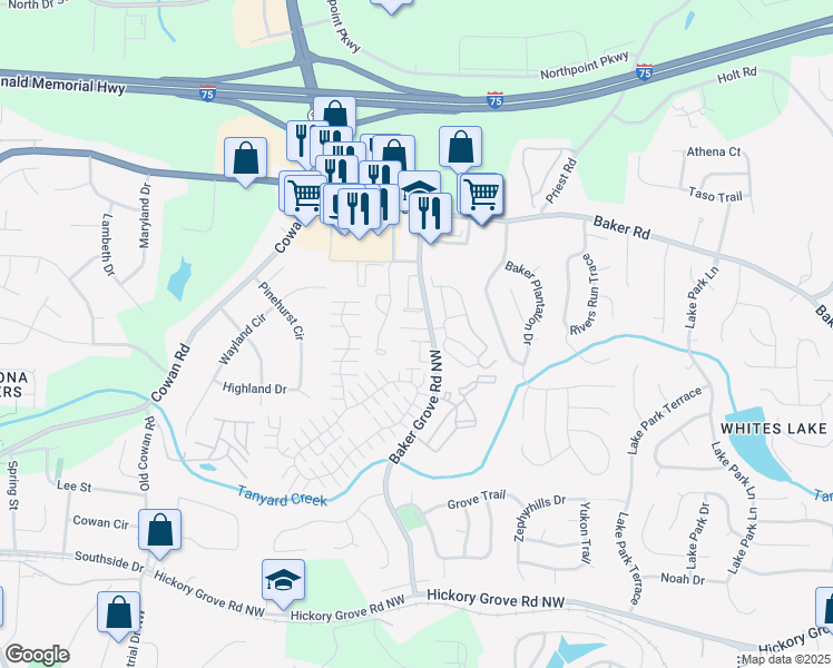 map of restaurants, bars, coffee shops, grocery stores, and more near 4700 Baker Grove Road in Acworth