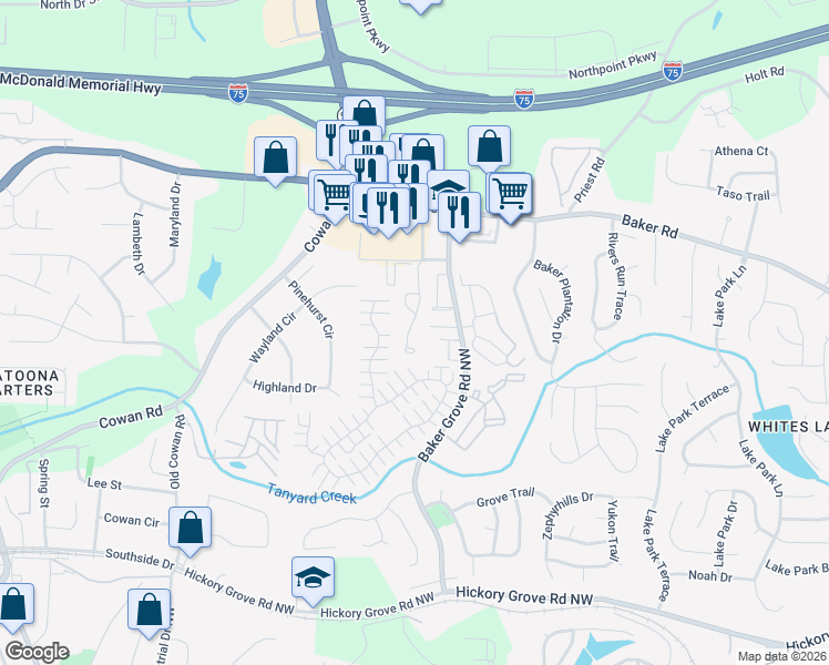 map of restaurants, bars, coffee shops, grocery stores, and more near 4940 Parke Brook Drive in Acworth