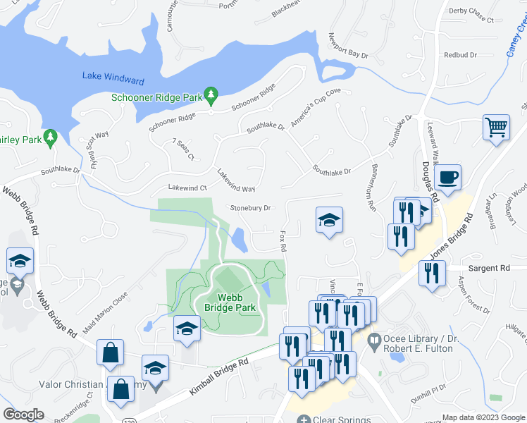 map of restaurants, bars, coffee shops, grocery stores, and more near 545 Stonebury Drive in Alpharetta