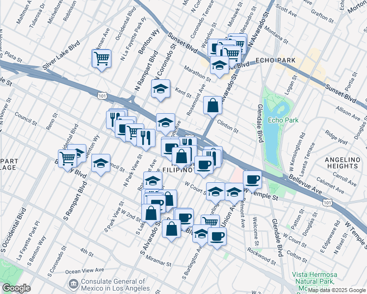 map of restaurants, bars, coffee shops, grocery stores, and more near 442 3/4 North Lake Street in Los Angeles