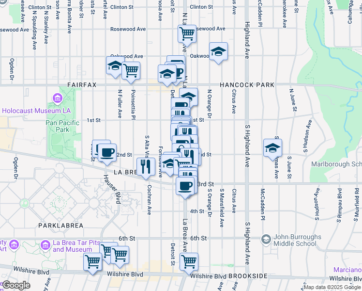 map of restaurants, bars, coffee shops, grocery stores, and more near 165 South La Brea Avenue in Los Angeles