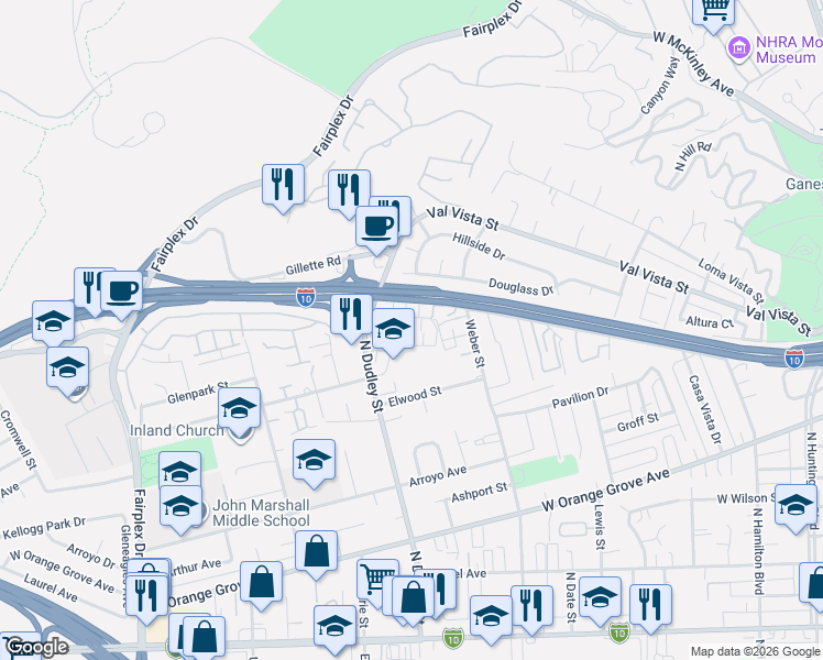 map of restaurants, bars, coffee shops, grocery stores, and more near 1349 Jacqueline Drive in Pomona