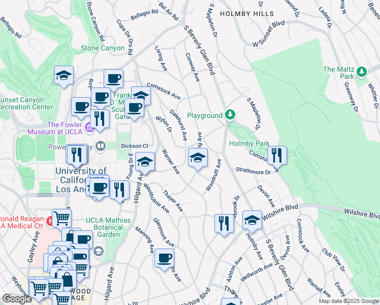 map of restaurants, bars, coffee shops, grocery stores, and more near 541 Loring Avenue in Los Angeles