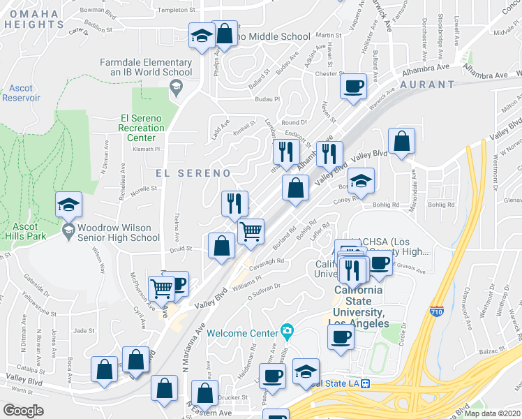 map of restaurants, bars, coffee shops, grocery stores, and more near 5112 Alhambra Avenue in Los Angeles
