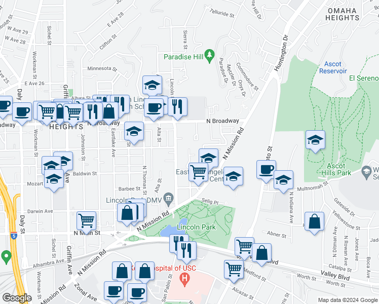 map of restaurants, bars, coffee shops, grocery stores, and more near 3711 Baldwin Street in Los Angeles
