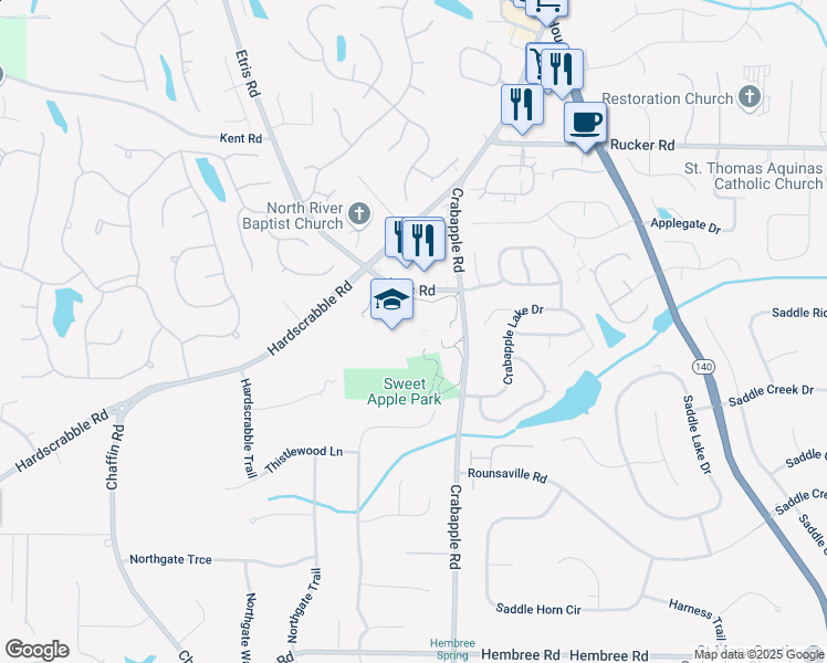 map of restaurants, bars, coffee shops, grocery stores, and more near 12025 Etris Road in Roswell