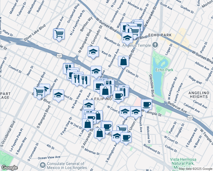 map of restaurants, bars, coffee shops, grocery stores, and more near 440 North Lake Street in Los Angeles
