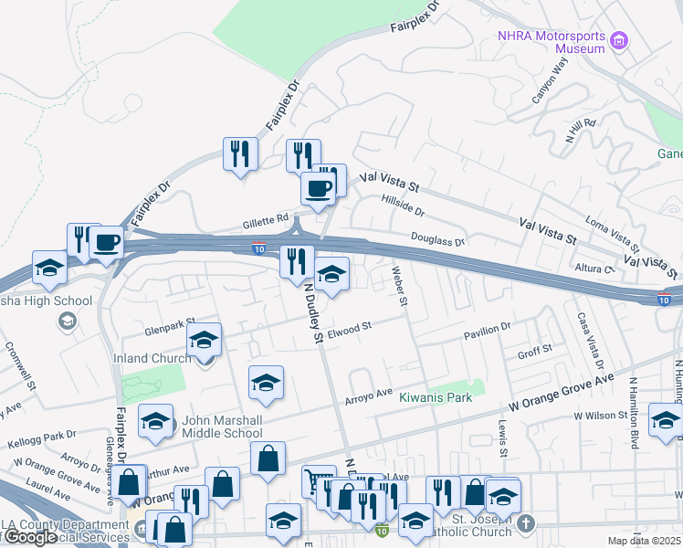 map of restaurants, bars, coffee shops, grocery stores, and more near 1450 Stratus Drive in Pomona